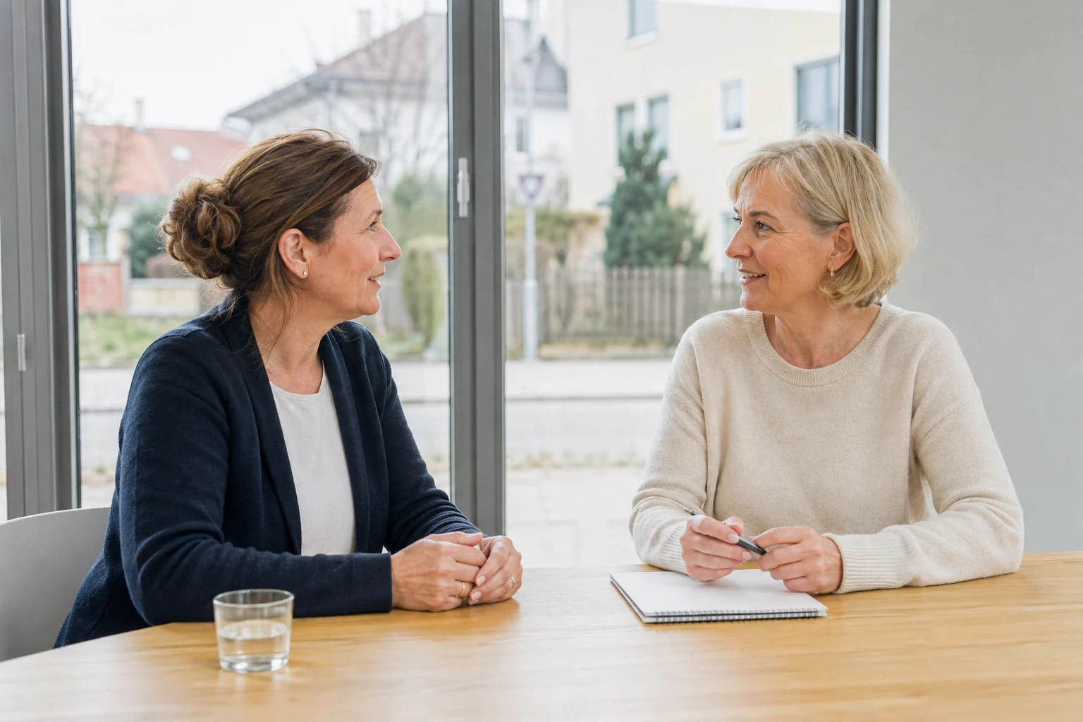 Zwei berufserfahrene Frauen bei einem Gespräch über Immobilienverkauf