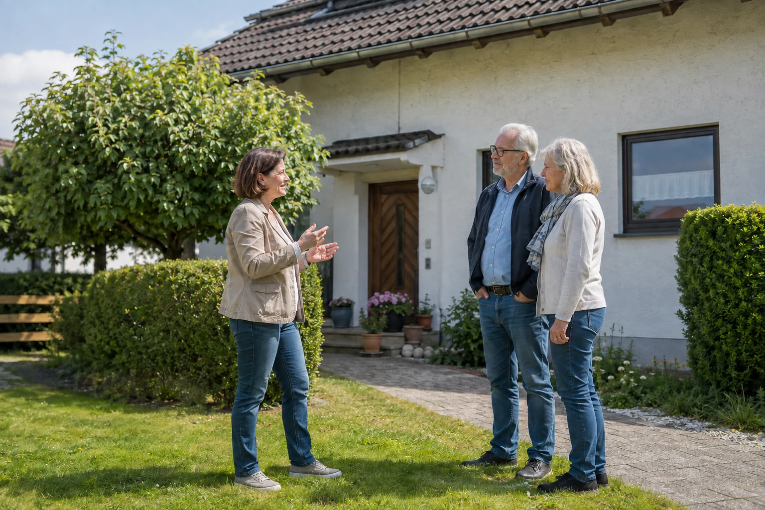Mitarbeiterin spricht im Garten mit einem Eigentümerpaar über dessen Wohnhaus