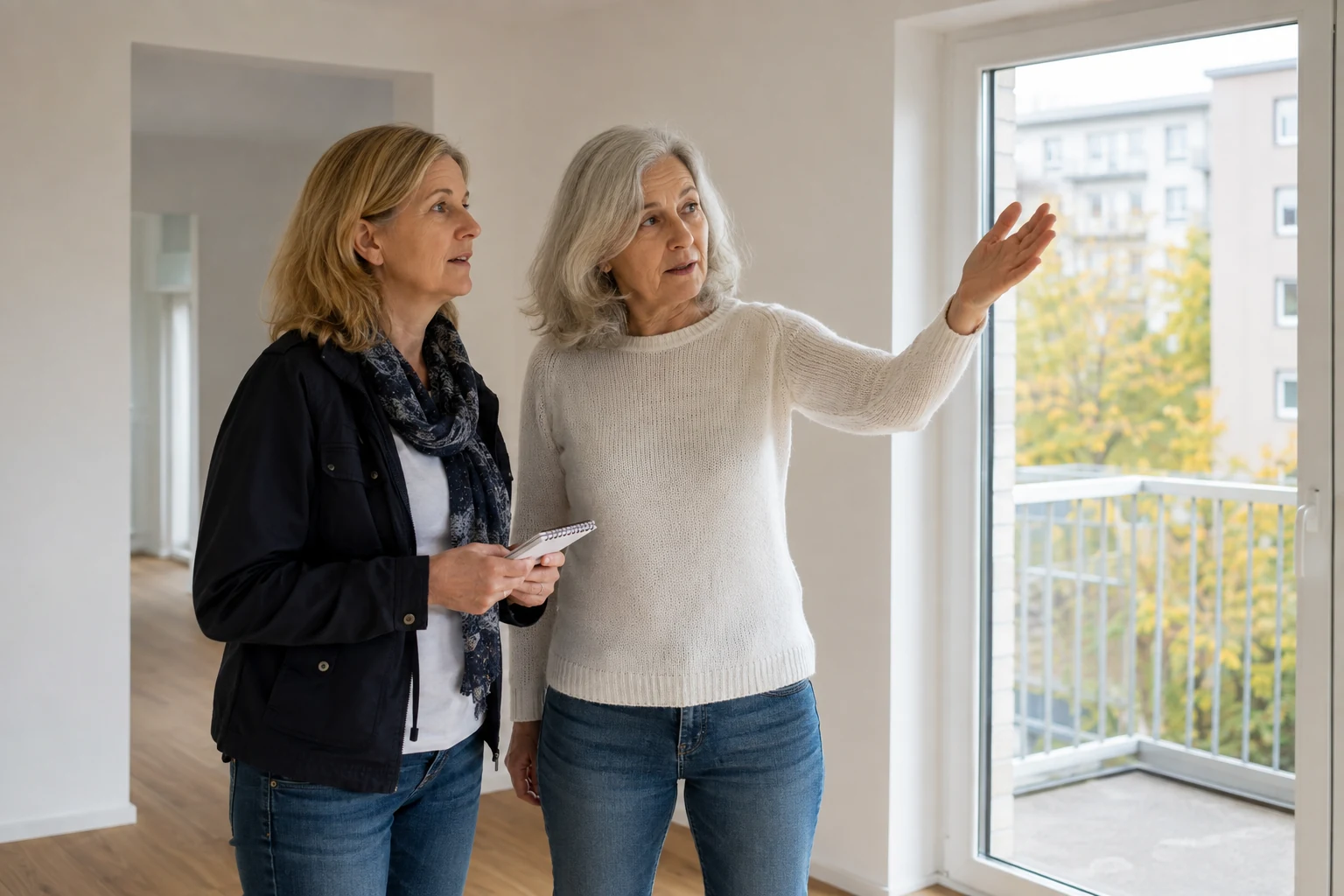 Zwei Frauen betrachten Raumaufteilung, Fenster und Balkon einer Wohnung